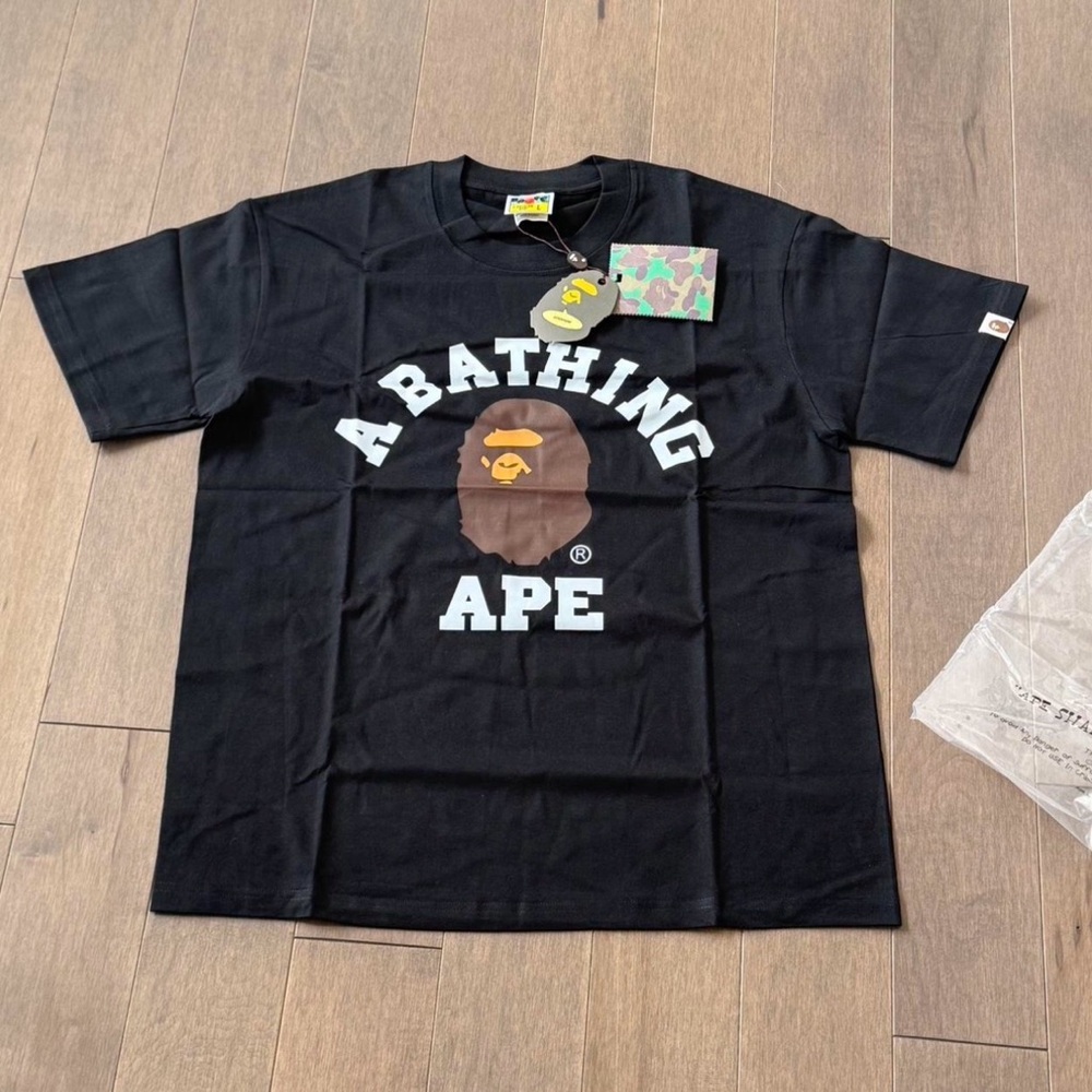 Bape Black Tee with White Text and Brown Logo